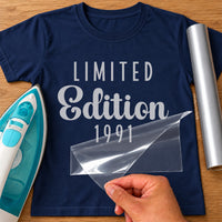 Navy T-shirt with silver 'LIMITED' capitals, 'Edition' script and '1991' iron-on transfer, iron and silver vinyl roll