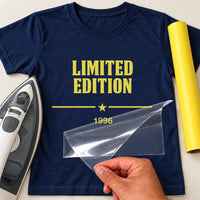 Navy T-shirt with yellow 'LIMITED EDITION' capitals, star divider and '1996' iron-on transfer, iron and yellow vinyl roll