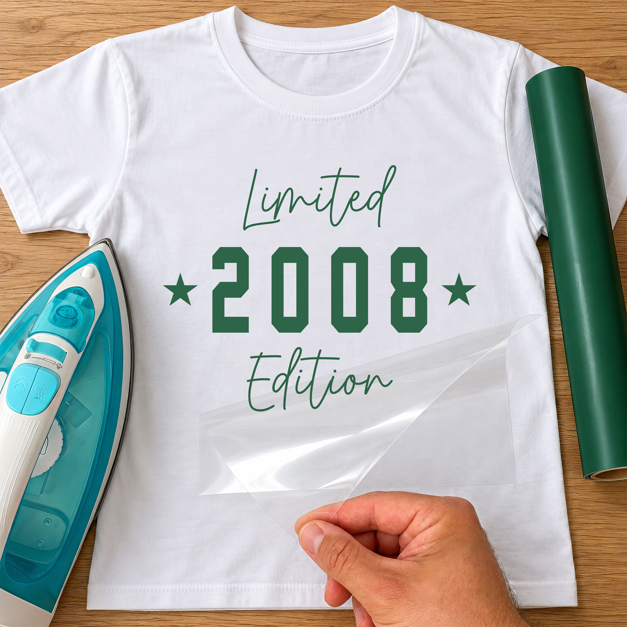 Limited Edition Birthday Year iron-on transfer: green Limited 2008 Edition on a white T-shirt, film being peeled