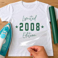 Limited Edition Birthday Year iron-on transfer: green Limited 2008 Edition on a white T-shirt, film being peeled