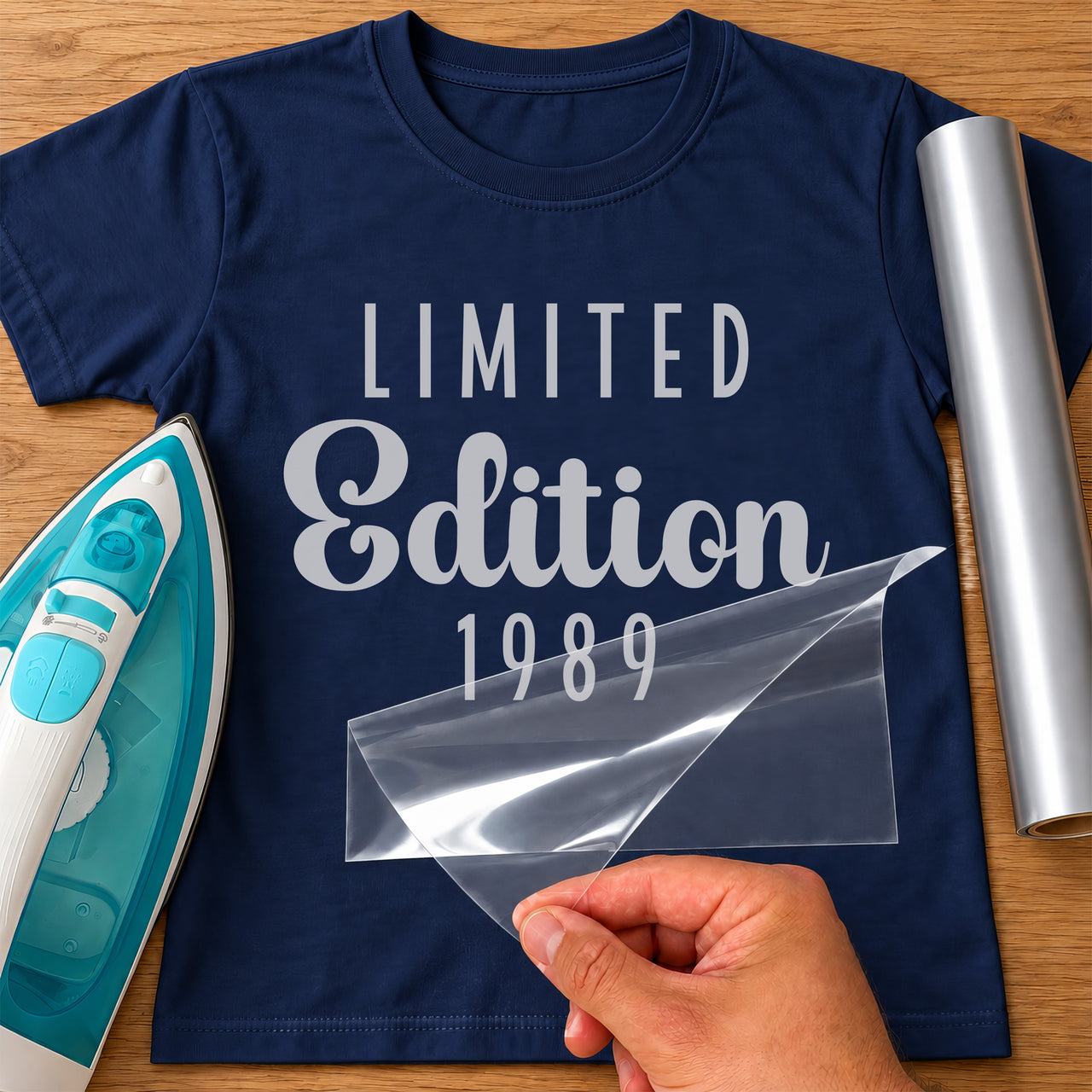 Navy T-shirt with silver 'LIMITED', 'Edition' script and '1989' iron-on transfer, iron and silver vinyl roll