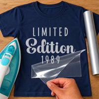 Navy T-shirt with silver 'LIMITED', 'Edition' script and '1989' iron-on transfer, iron and silver vinyl roll