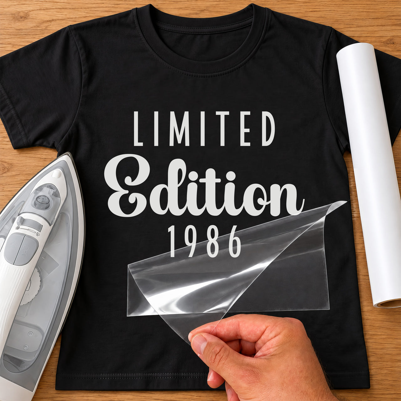 Mockup: white vinyl 'LIMITED Edition 1986' on a black tee, mixed capitals and script, carrier sheet peeling