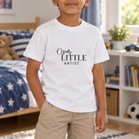 Little Artist Iron-On Transfer - Personalised Name Design, shown on a white kids t-shirt