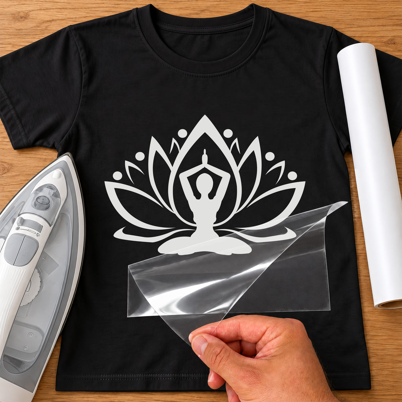 White lotus flower with seated meditating figure iron-on transfer on a black T-shirt, film being peeled