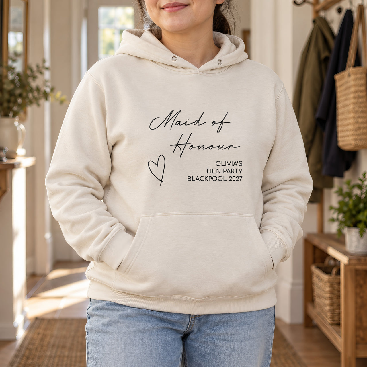 Maid Of Honour Fine Script Heart Hen Party Iron-On Transfer, shown on a natural hoodie