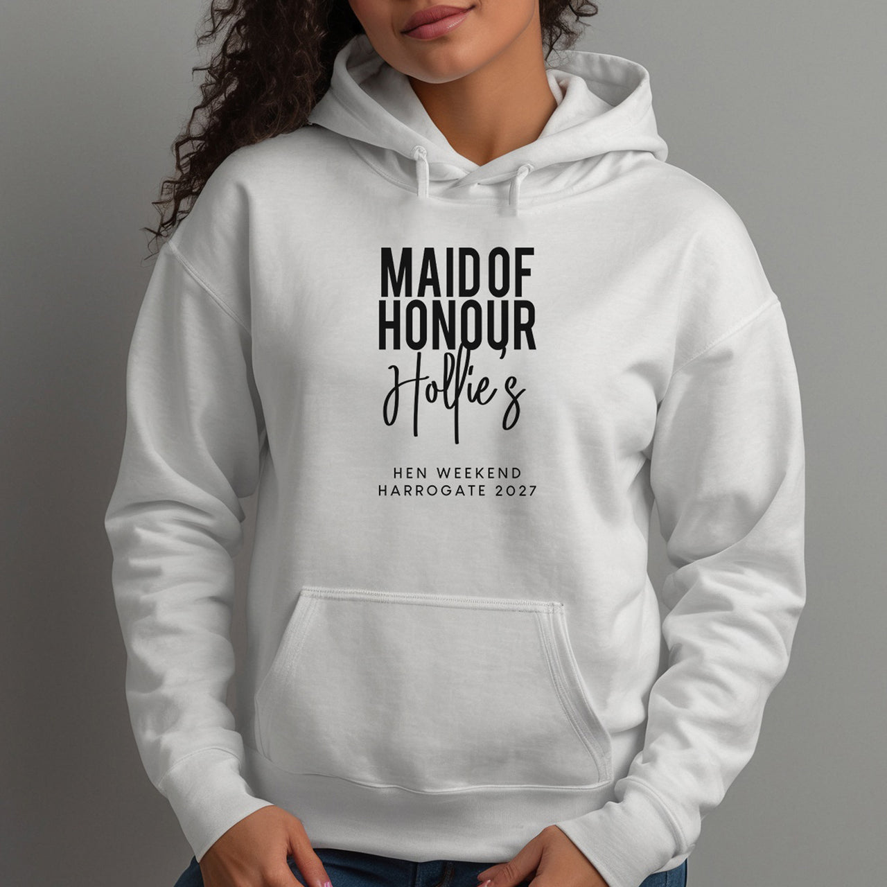 Maid Of Honour Hen Party Iron-On Transfer shown on a hoodie