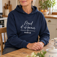 Maid Of Honour Name Iron-On Transfer, shown on a navy hoodie