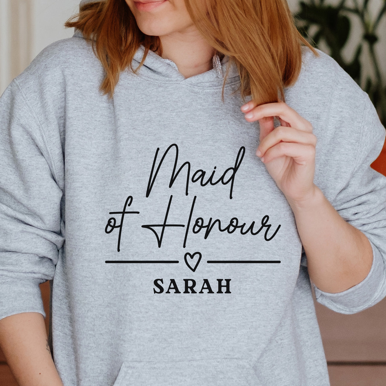 Maid Of Honour Name Iron-On Transfer shown on a hoodie