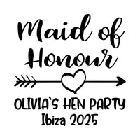 Flat artwork: 'Maid of Honour', arrow through a heart, 'OLIVIA'S HEN PARTY' and 'Ibiza 2025' - iron-on vinyl transfer design
