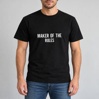 Maker Of The Rules Iron-On Transfer - Matching Family HTV Design, shown on a black t-shirt