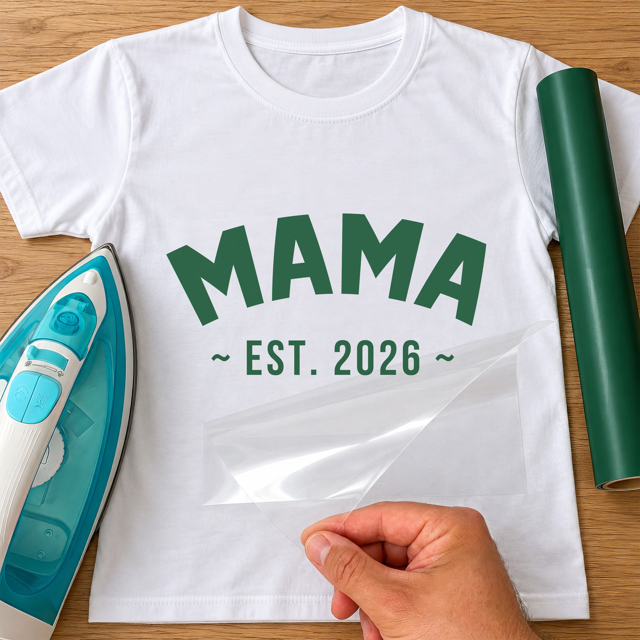Mockup: white T-shirt with green arched "MAMA" and "~ EST. 2026 ~" next to an iron and green vinyl roll