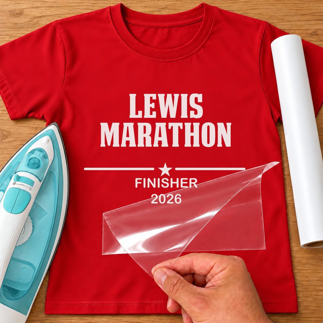 Marathon Finisher 2026 iron-on transfer: white LEWIS MARATHON FINISHER 2026 on a red T-shirt, film being peeled