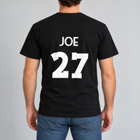 Black T-shirt with the Martial Arts Name and Number design printed on the back