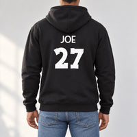 Black hoodie with the Martial Arts Name and Number design printed on the back