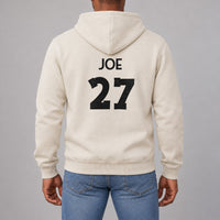 Sand hoodie with the Martial Arts Name and Number design printed on the back
