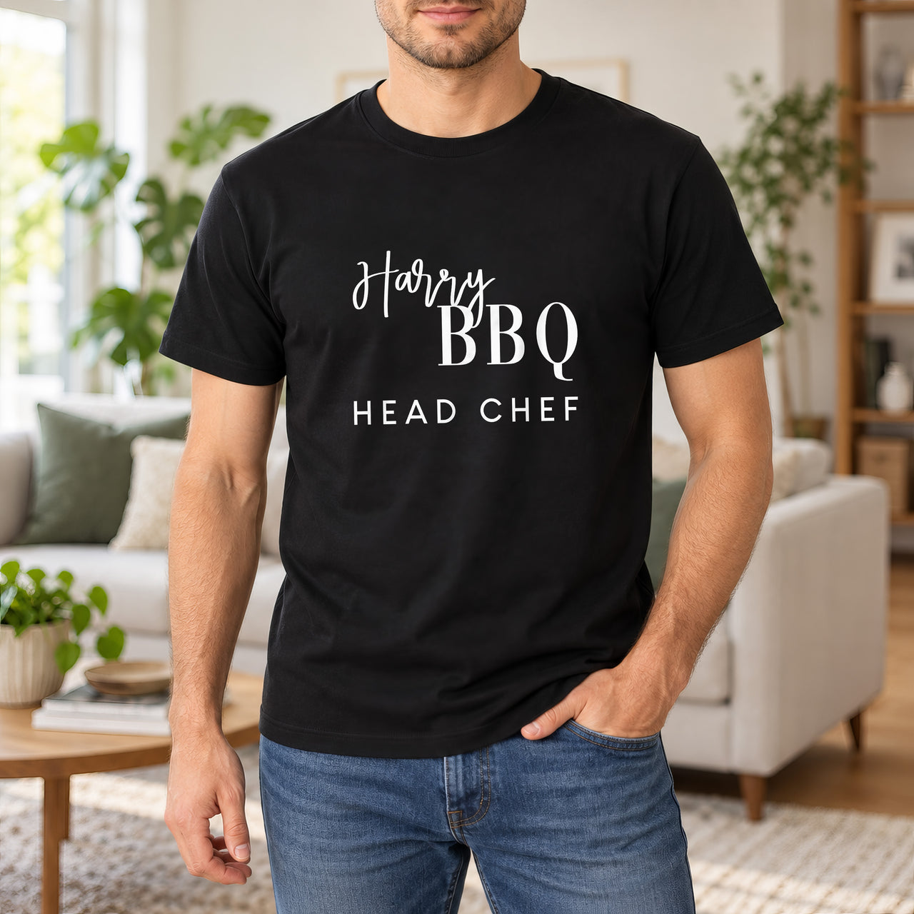 Masterchef BBQ Iron-On Transfer - Personalised Name Barbeque Design, shown on a black t-shirt
