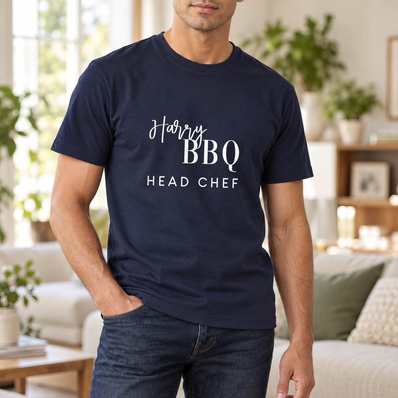 Masterchef BBQ Iron-On Transfer - Personalised Name Barbeque Design, shown on a navy t-shirt