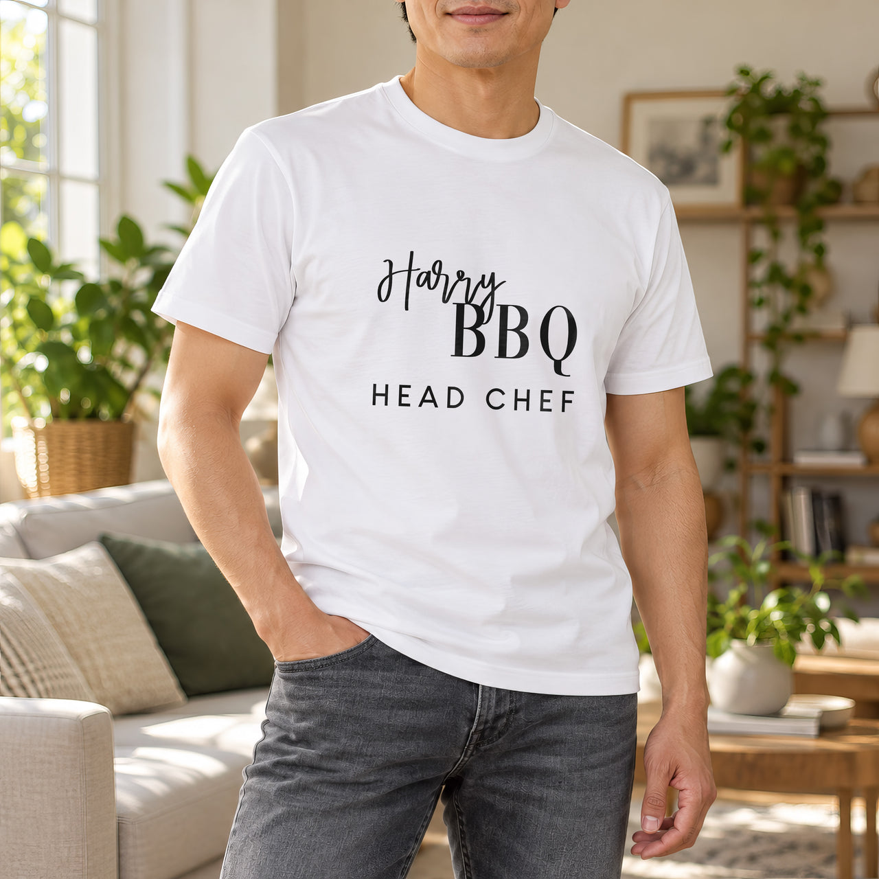 Masterchef BBQ Iron-On Transfer - Personalised Name Barbeque Design, shown on a white t-shirt