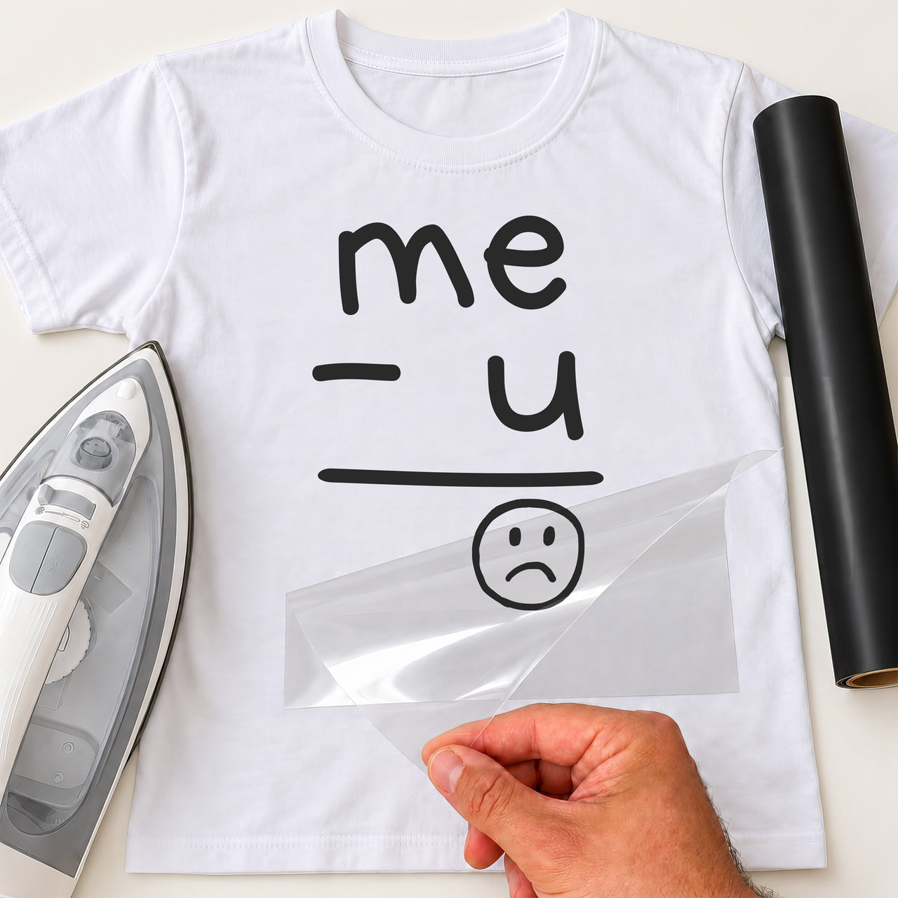 Mockup: white T-shirt with black vinyl 'me - u' sum line and a sad face, iron and backing film shown