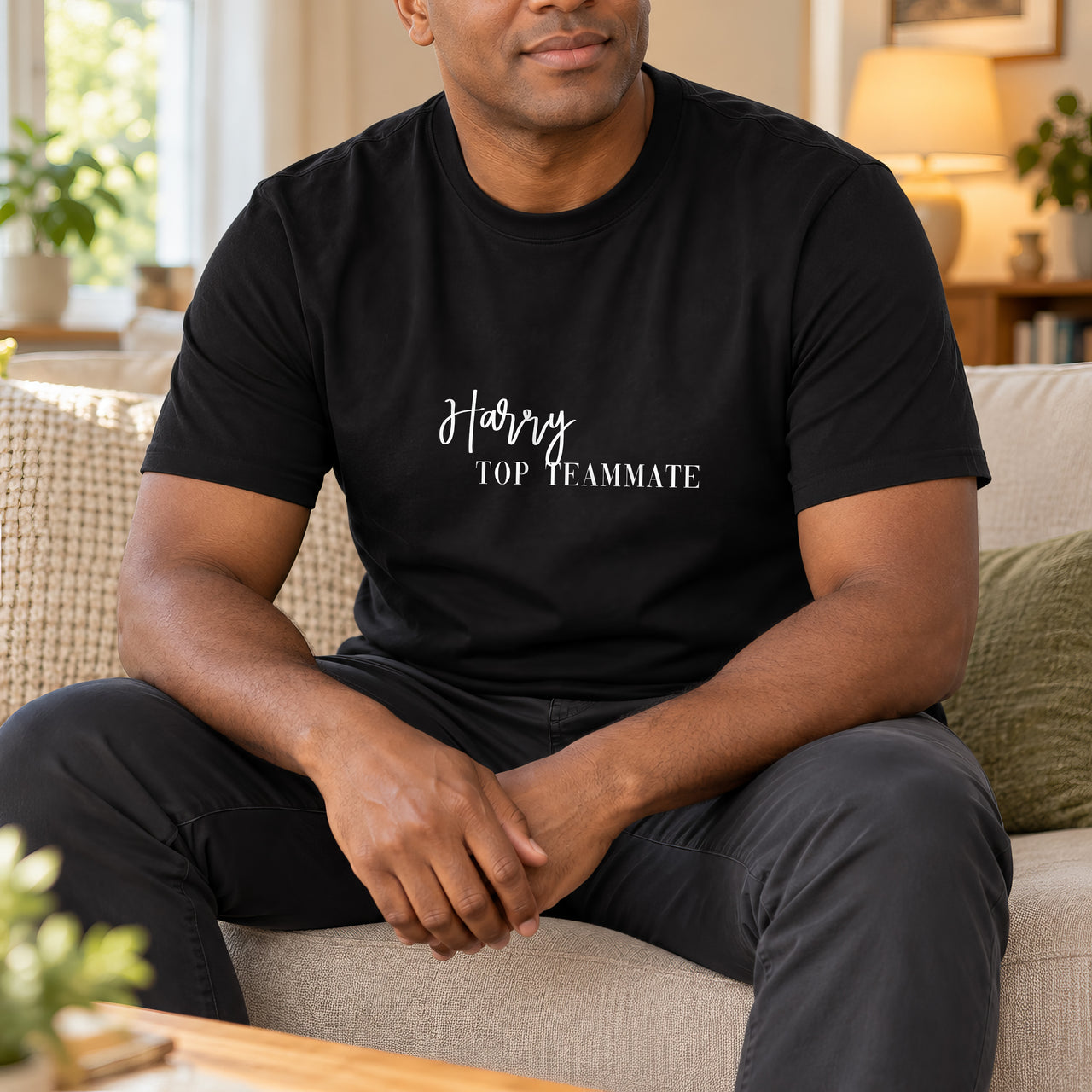 Award Iron On Text, shown on a black t-shirt