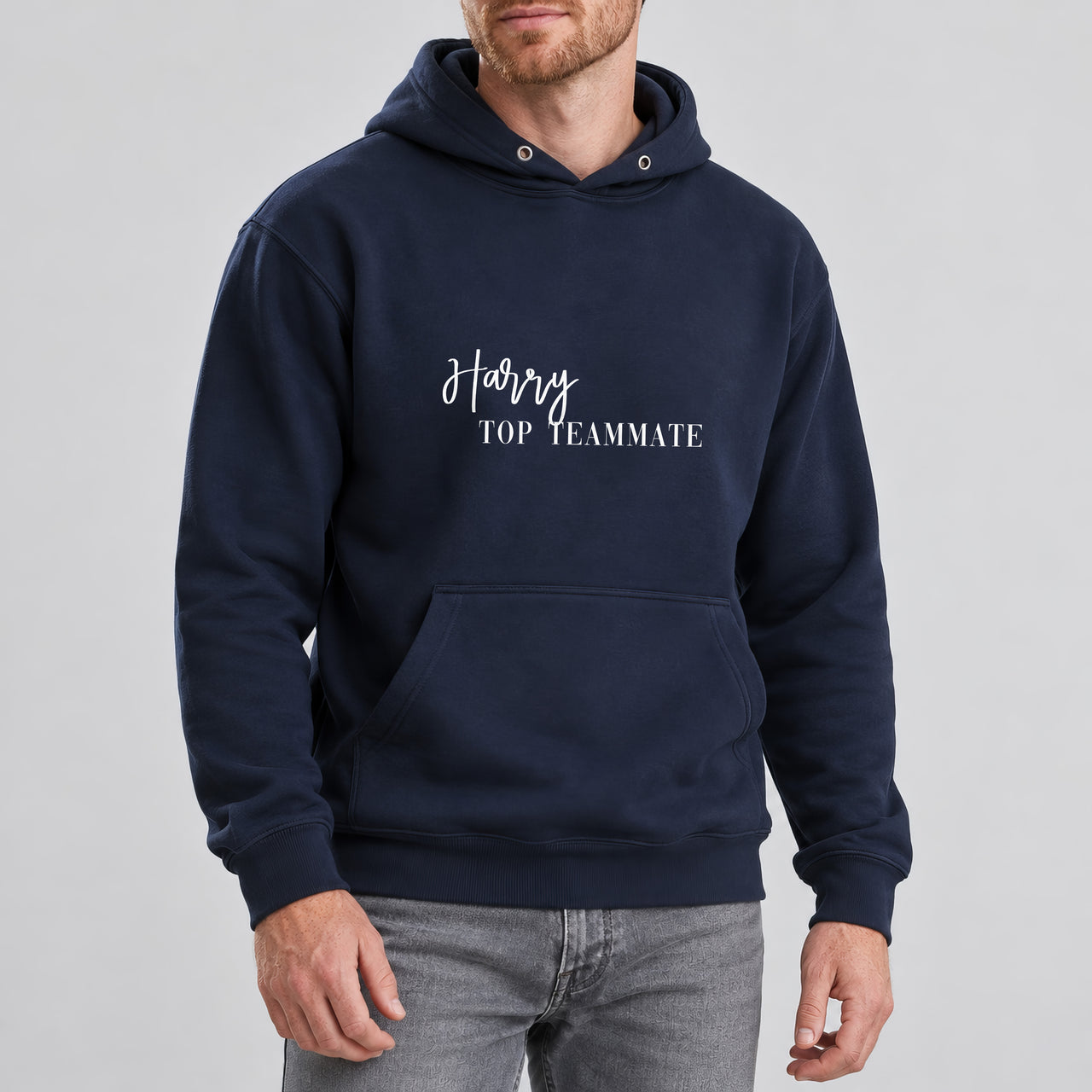 Award Iron On Text, shown on a navy hoodie