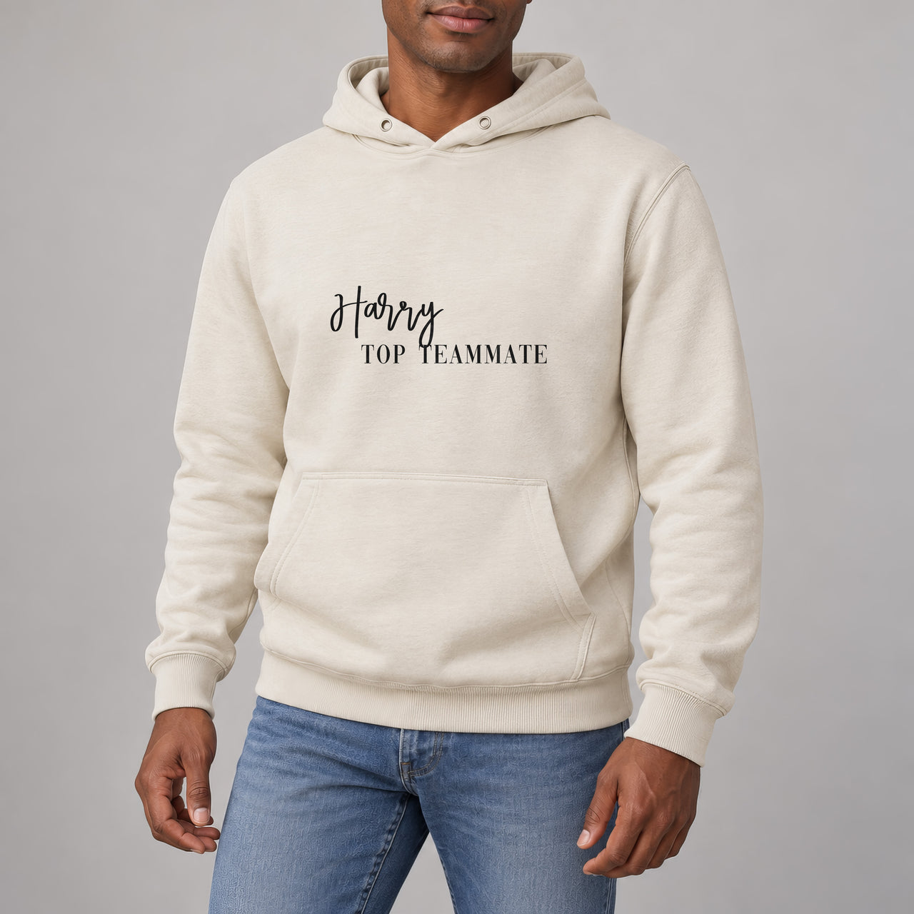 Award Iron On Text, shown on a natural hoodie