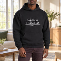 Iron On Corporate Text, shown on a black hoodie