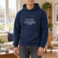 Iron On Corporate Text, shown on a navy hoodie