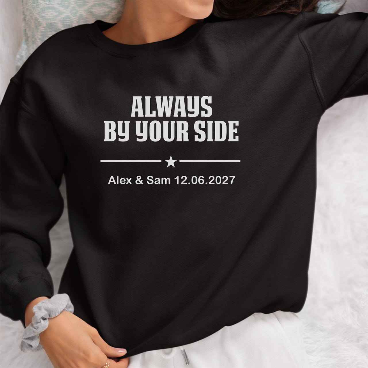 Wedding Vows Iron-On Transfer - Up to Five Lines in Metallic shown on a sweatshirt