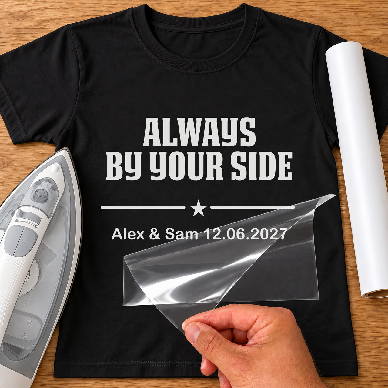 Wedding vows iron-on: white ALWAYS BY YOUR SIDE Alex & Sam 12.06.2027 on a black T-shirt, film being peeled