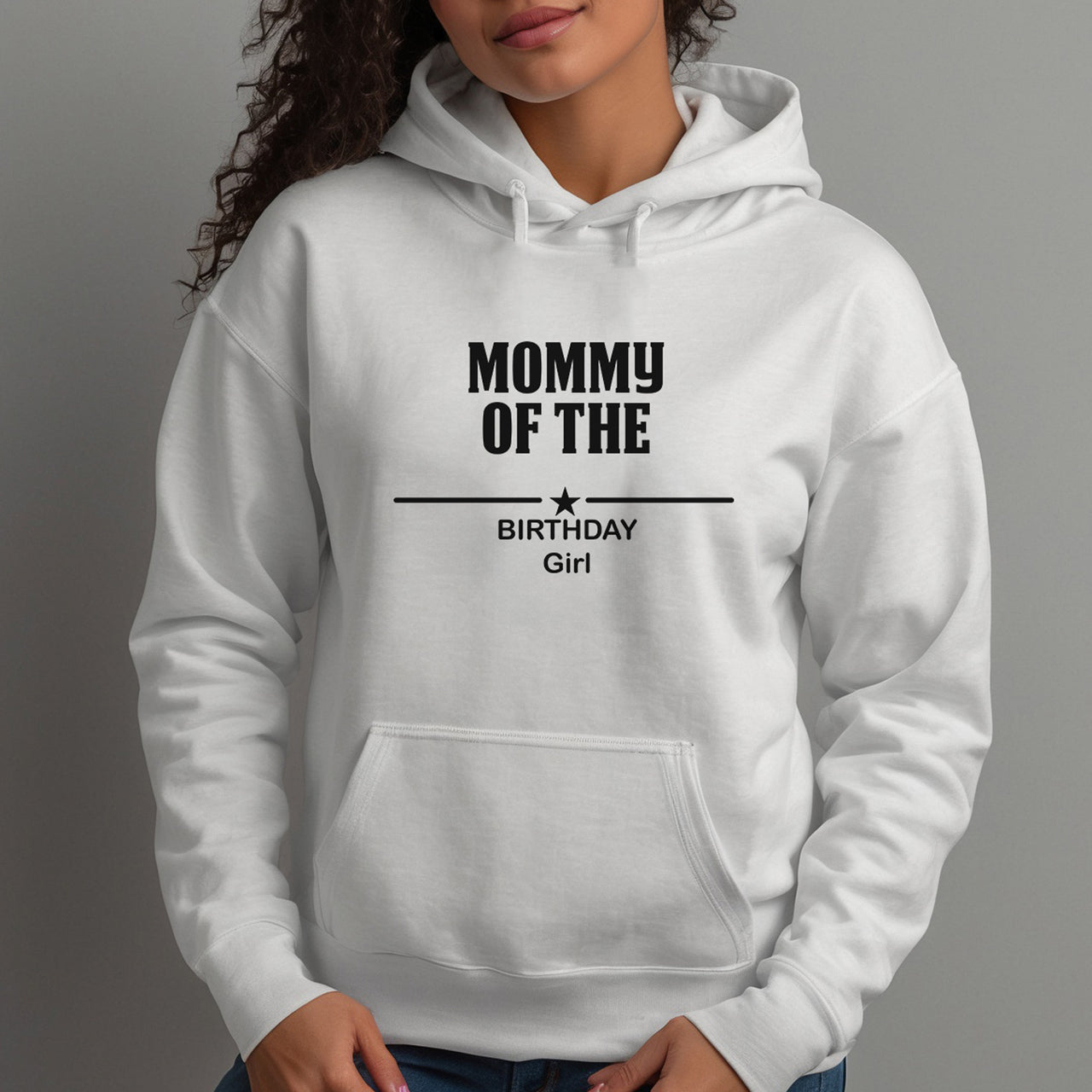 Mommy of the Birthday Girl Iron-On Transfer shown on a hoodie