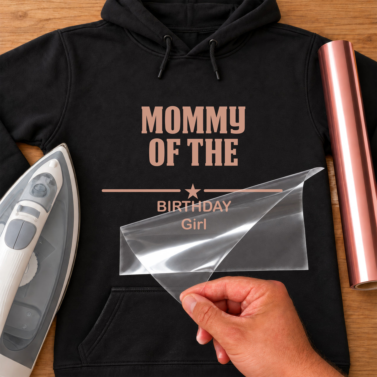 Rose gold "Mommy of the birthday girl" iron-on vinyl with star divider on a black hoodie, iron beside