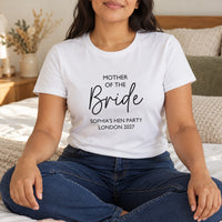 White T-shirt with the Mother of the Bride Script Hen Weekend design printed on the chest