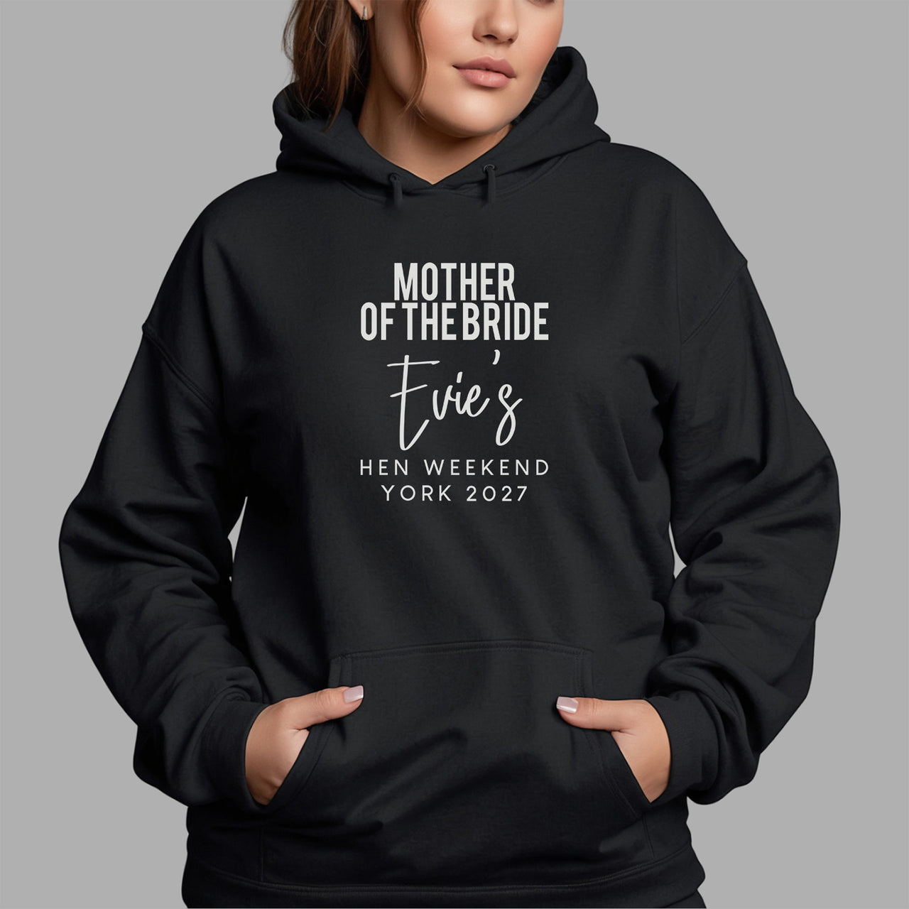 Mother Of The Bride Hen Party Iron-On Transfer shown on a hoodie