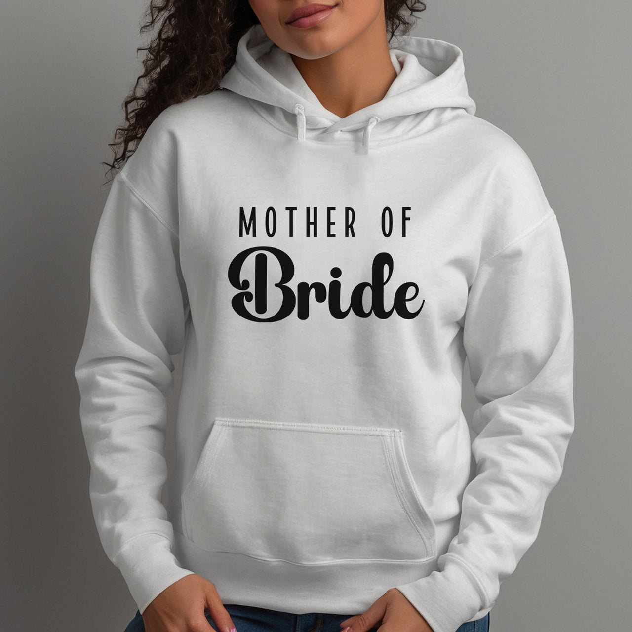 Mother of the Bride Iron-On Transfer - Ready-Made Wedding Design shown on a hoodie