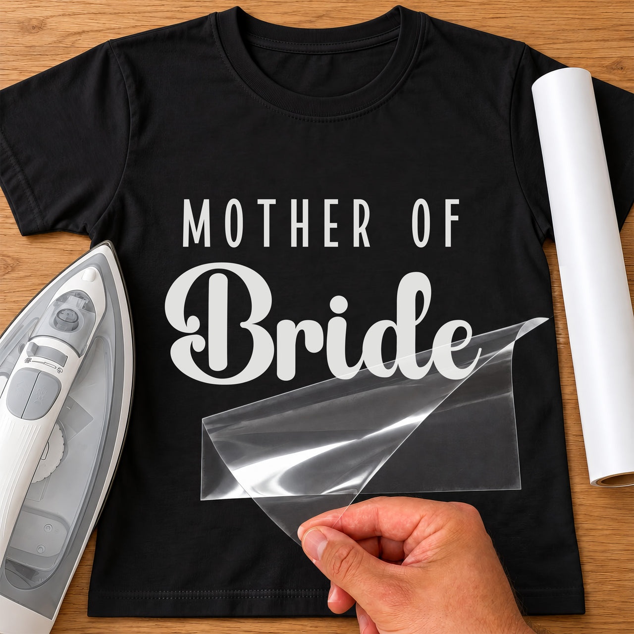 Black T-shirt with white 'MOTHER OF' capitals and script 'Bride' iron-on transfer, iron and white vinyl roll