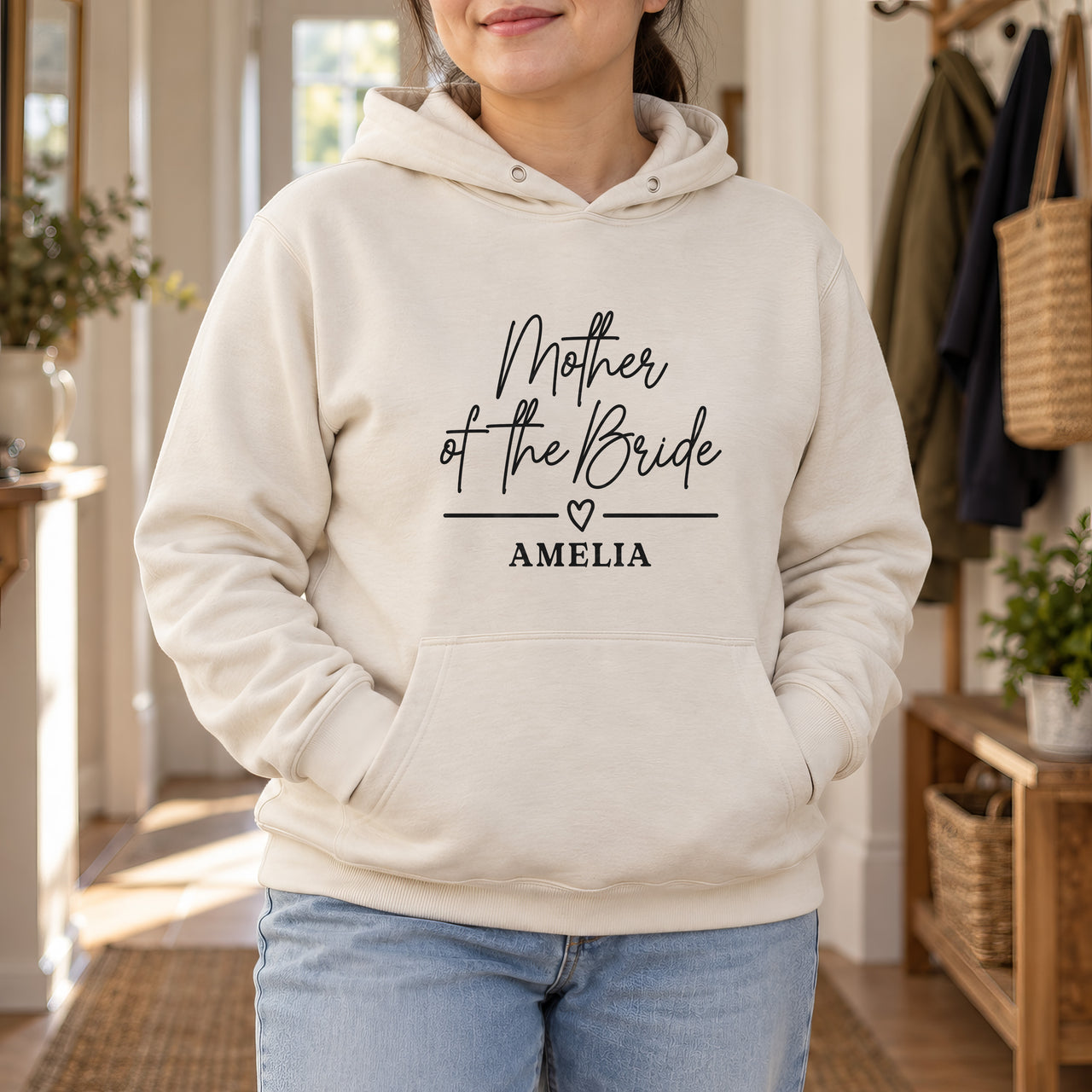 Sand hoodie with the Mother of the Bride Name Heart design printed on the chest