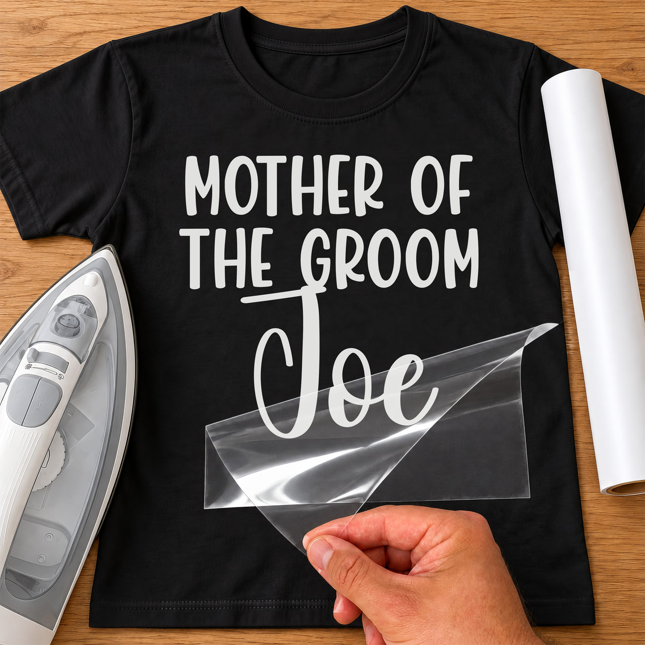 Black T-shirt with white 'MOTHER OF THE GROOM' and 'Joe' in script, wedding iron-on transfer