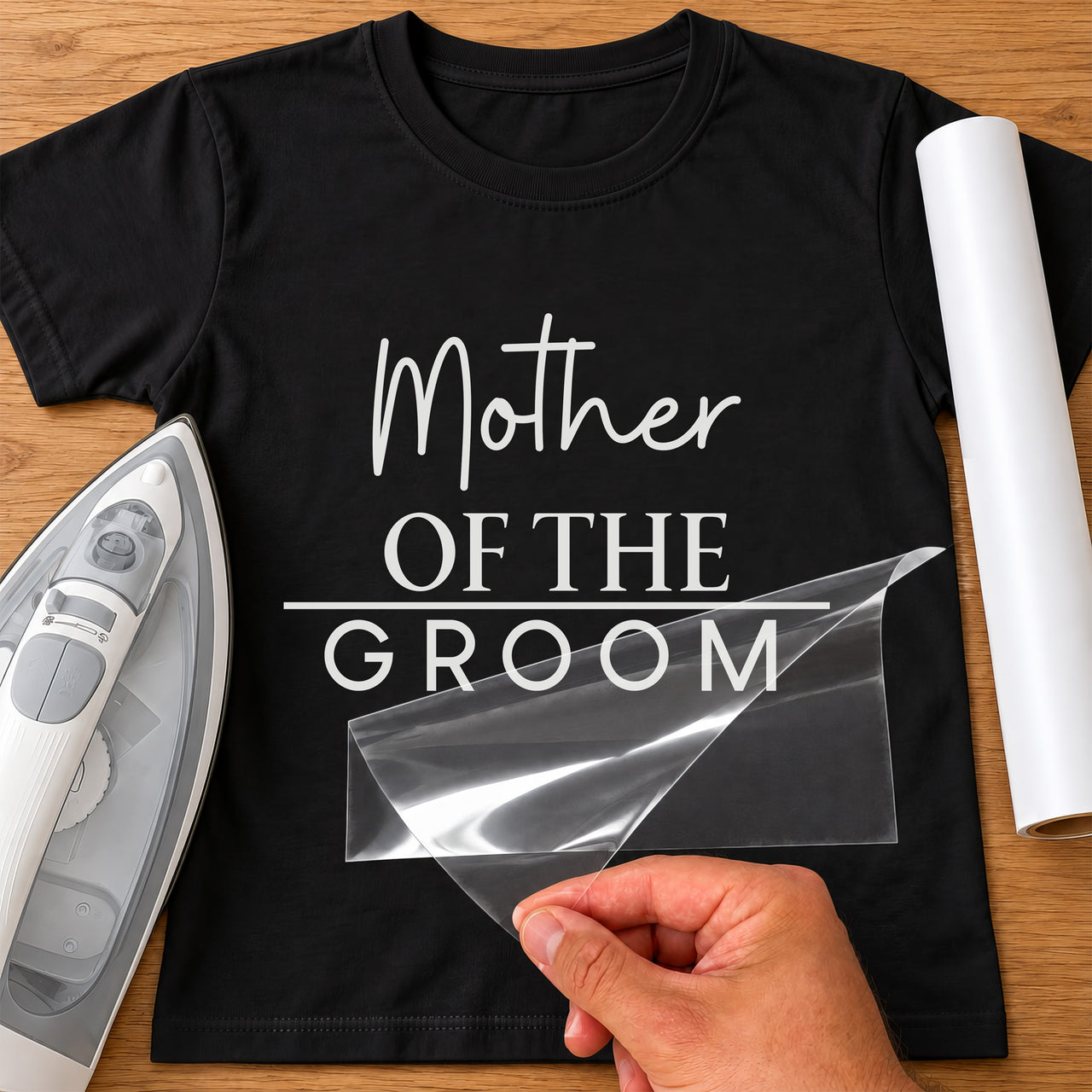 Black T-shirt with white "Mother of the Groom" lettering in script and capitals, iron and vinyl roll, carrier sheet peeled