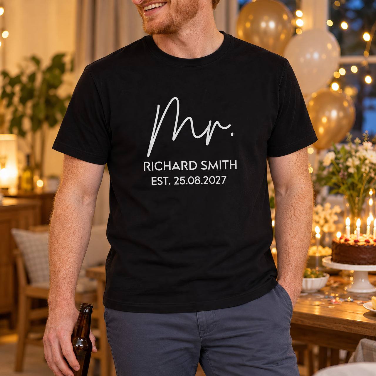 Mr Est. Iron-On Transfer - Personalised Wedding HTV Design, shown on a black t-shirt