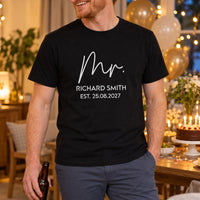 Mr Est. Iron-On Transfer - Personalised Wedding HTV Design, shown on a black t-shirt