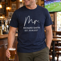 Mr Est. Iron-On Transfer - Personalised Wedding HTV Design, shown on a navy t-shirt
