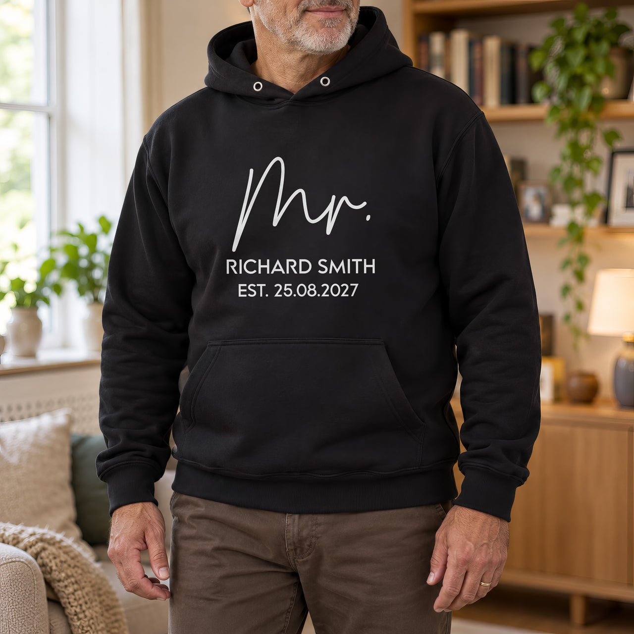Mr Est. Iron-On Transfer - Personalised Wedding HTV Design, shown on a black hoodie