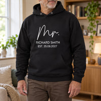 Mr Est. Iron-On Transfer - Personalised Wedding HTV Design, shown on a black hoodie