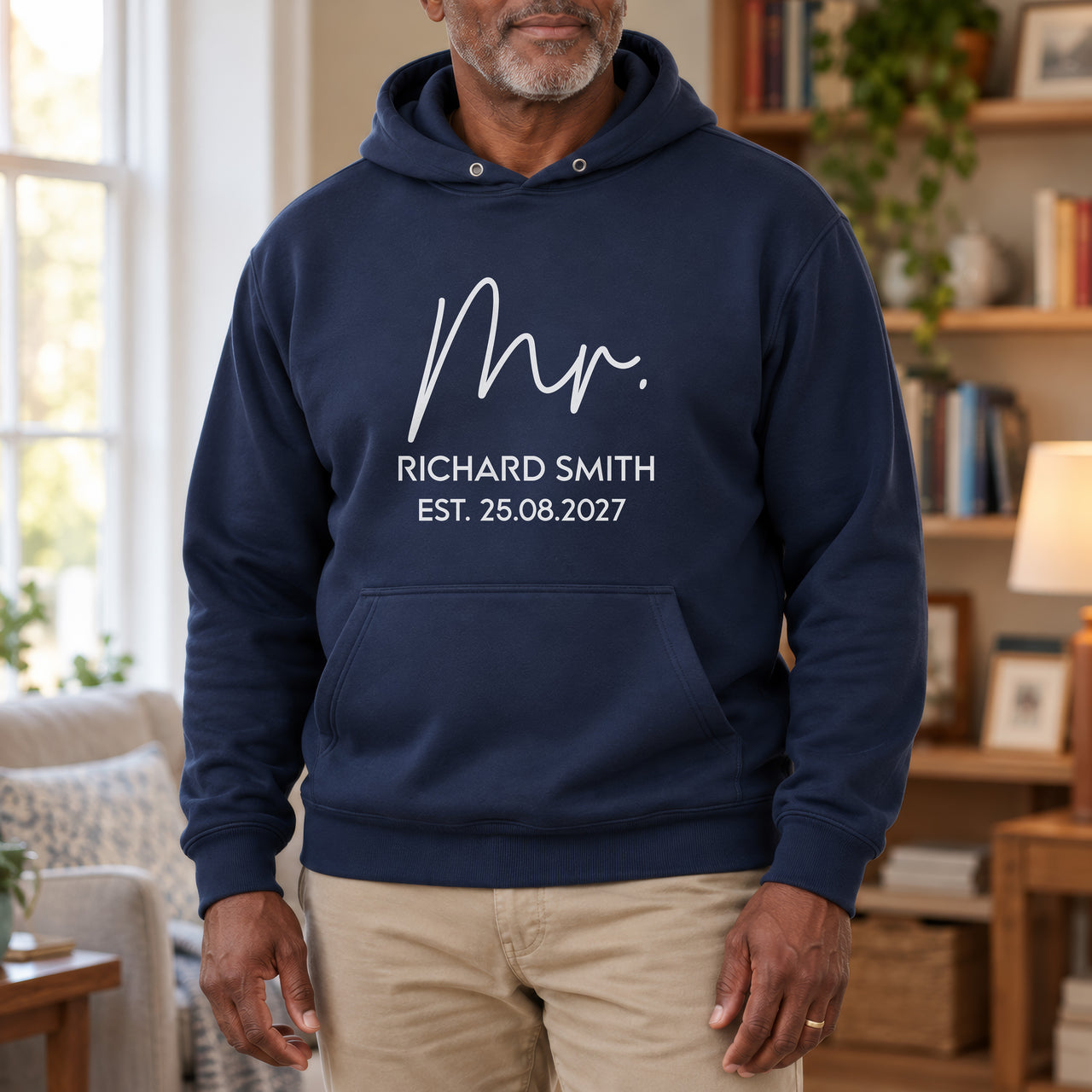 Mr Est. Iron-On Transfer - Personalised Wedding HTV Design, shown on a navy hoodie