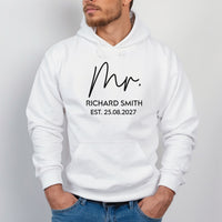 Mr Est. Iron-On Transfer - Personalised Wedding HTV Design shown on a hoodie