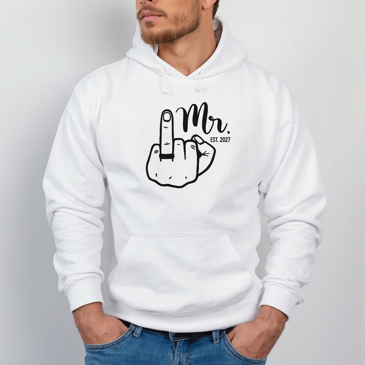 Mr Est Iron-On Transfer - Personalised Wedding Year Design shown on a hoodie