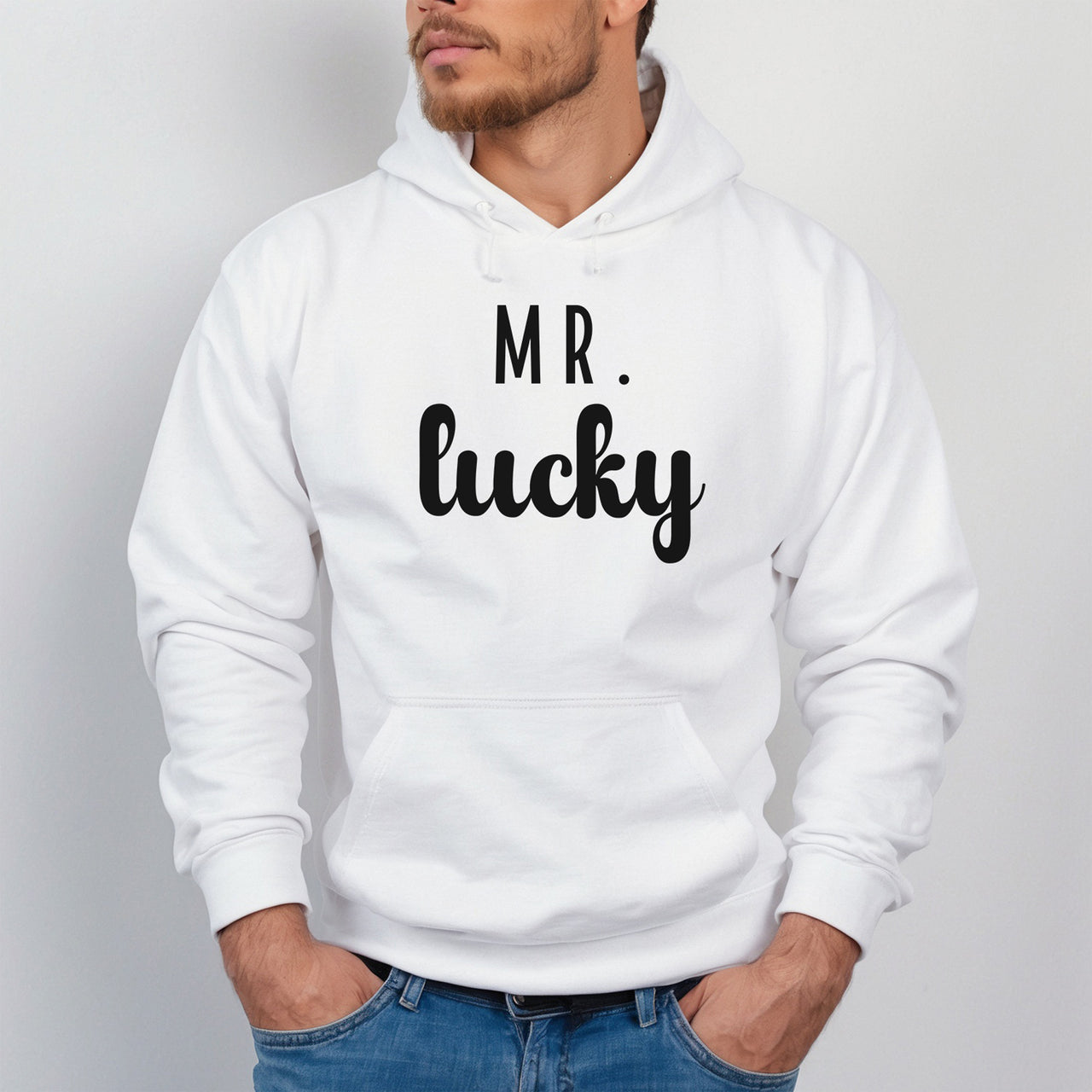Mr Lucky Iron-On Transfer - Shamrock Groom Design shown on a hoodie