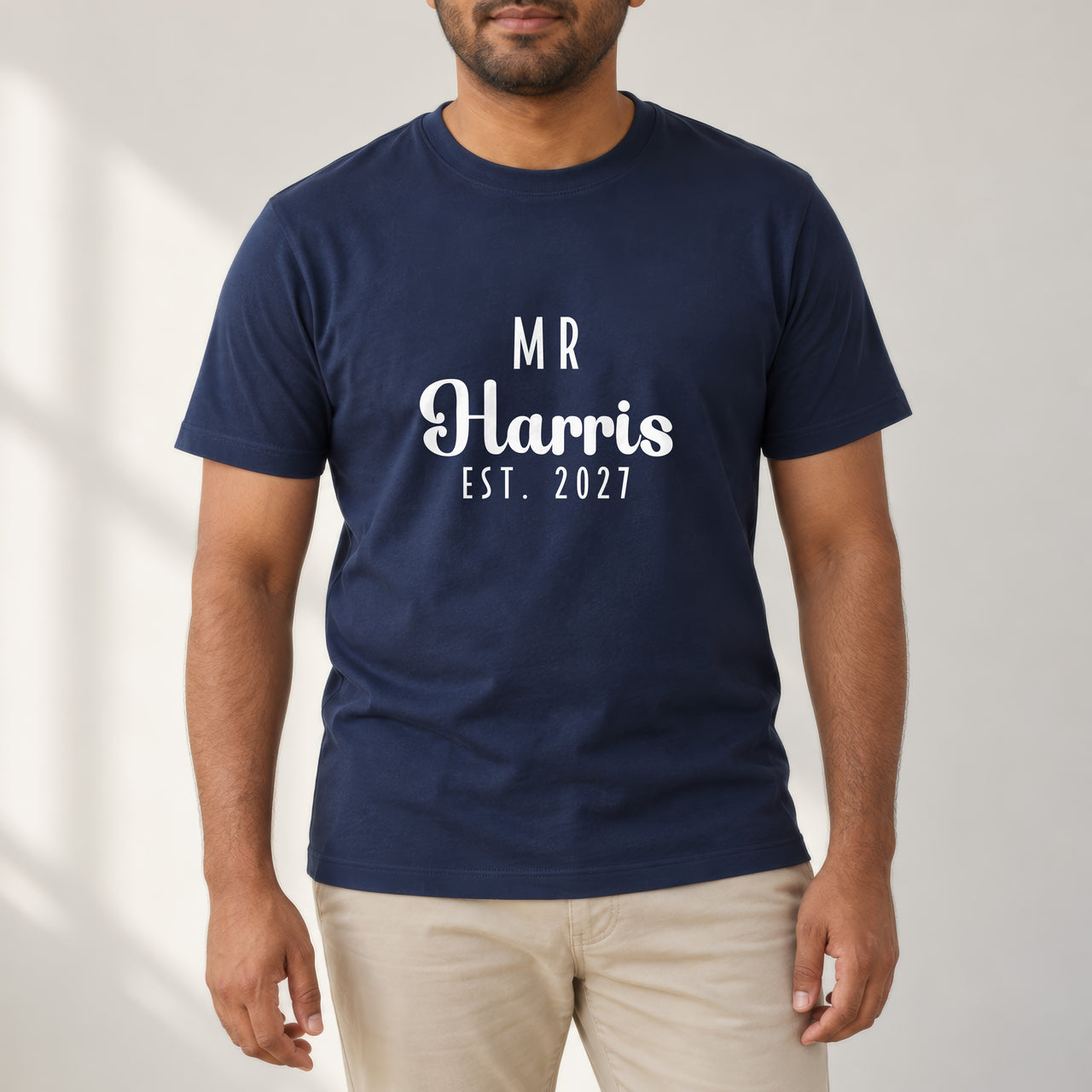Mr Surname Est. Iron-On Transfer - Personalised Wedding Couple Design, shown on a navy t-shirt